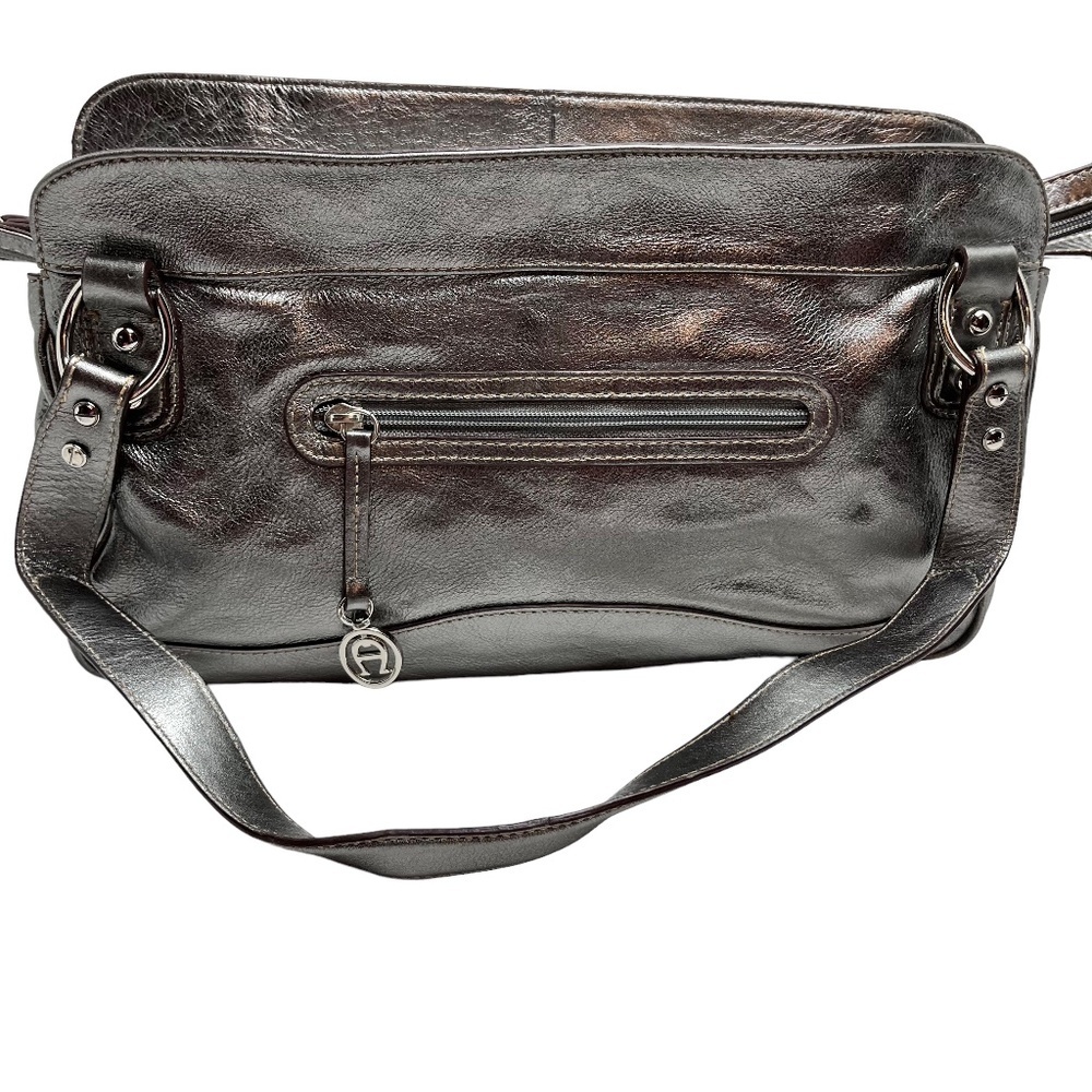 ETIENNE AIGNER Silver Pewter Genuine Leather Satchel Double Handle Purse Handbag
